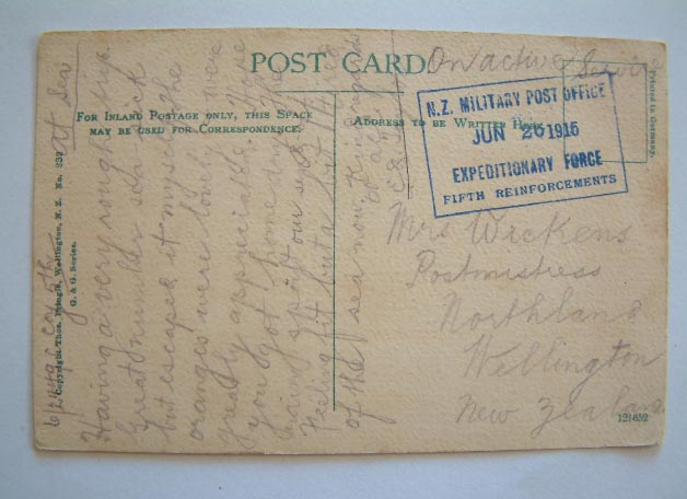 New Zealand Military Post Office, Fifth Reinforcements postmark on a postcard 1915